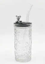 "Colored Bear Glass Mug with Glass Straw"
