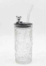 "Colored Bear Glass Mug with Glass Straw"