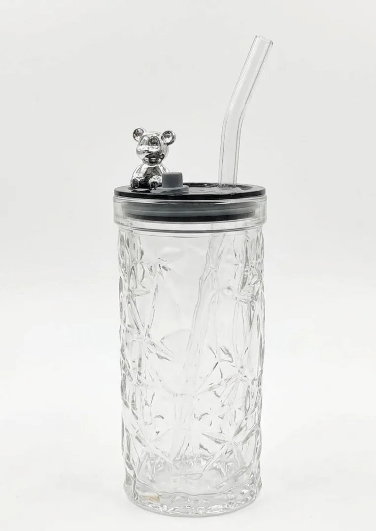 "Colored Bear Glass Mug with Glass Straw" - Image 1