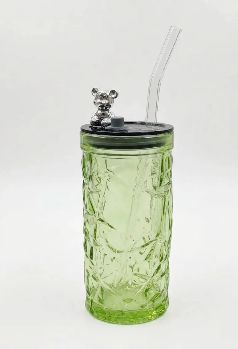 "Colored Bear Glass Mug with Glass Straw" - Image 3