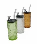 "Colored Bear Glass Mug with Glass Straw"