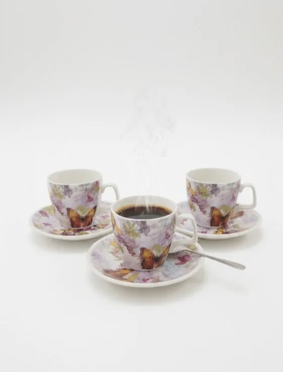 ⁦طقم قهوة بورسلين (وردة*فراشة)⁩ - الصورة ⁦1⁩