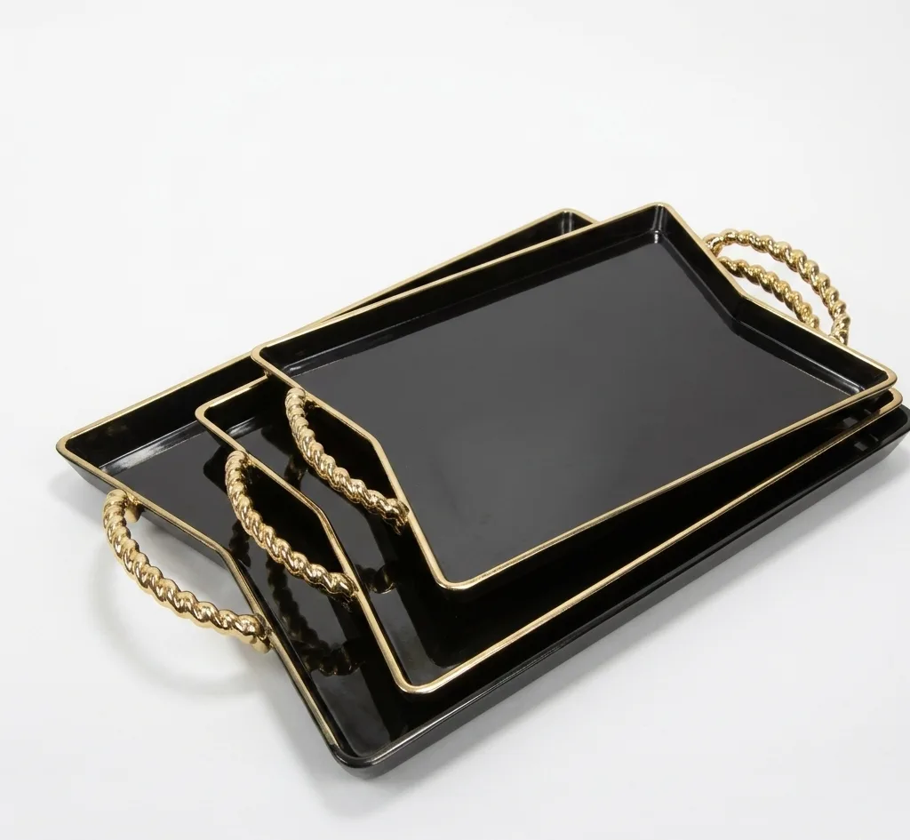 3-Piece Acrylic Serving Tray Set with Golden Handles - Image 1