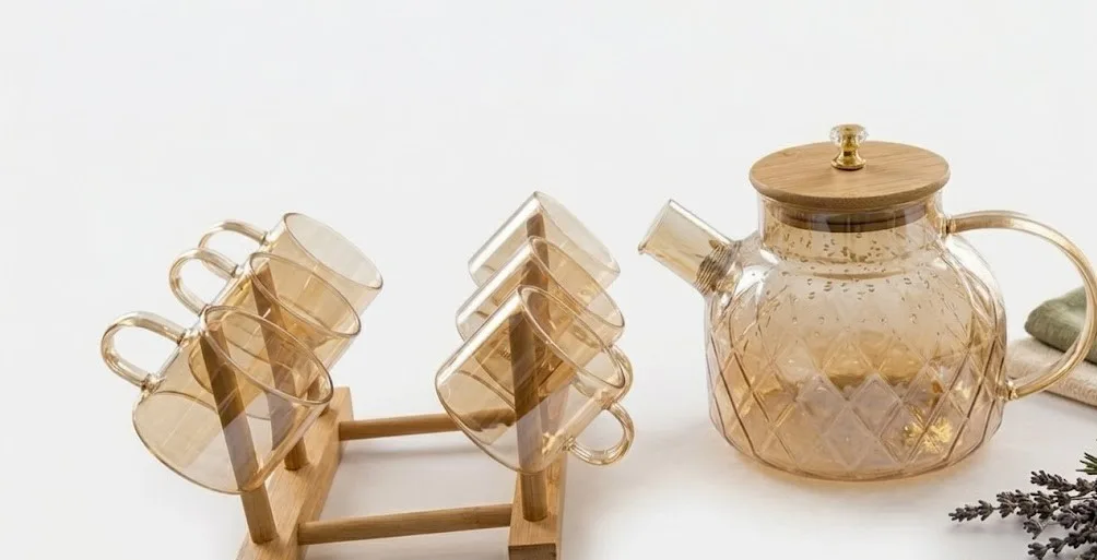 Pyrex Teapot Set + 6 Cups + Wooden Stand - Image 1