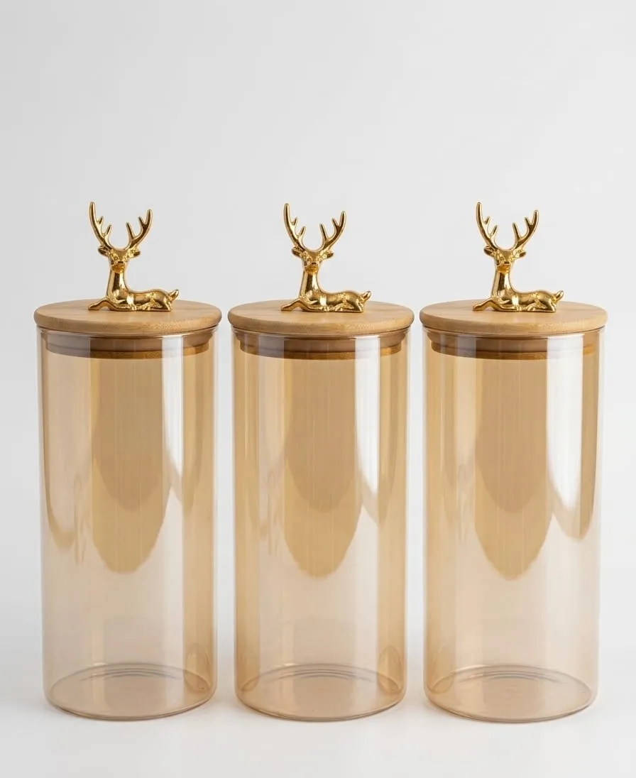 3-Piece Large Glass Spice Set with Deer Lid - Image 1
