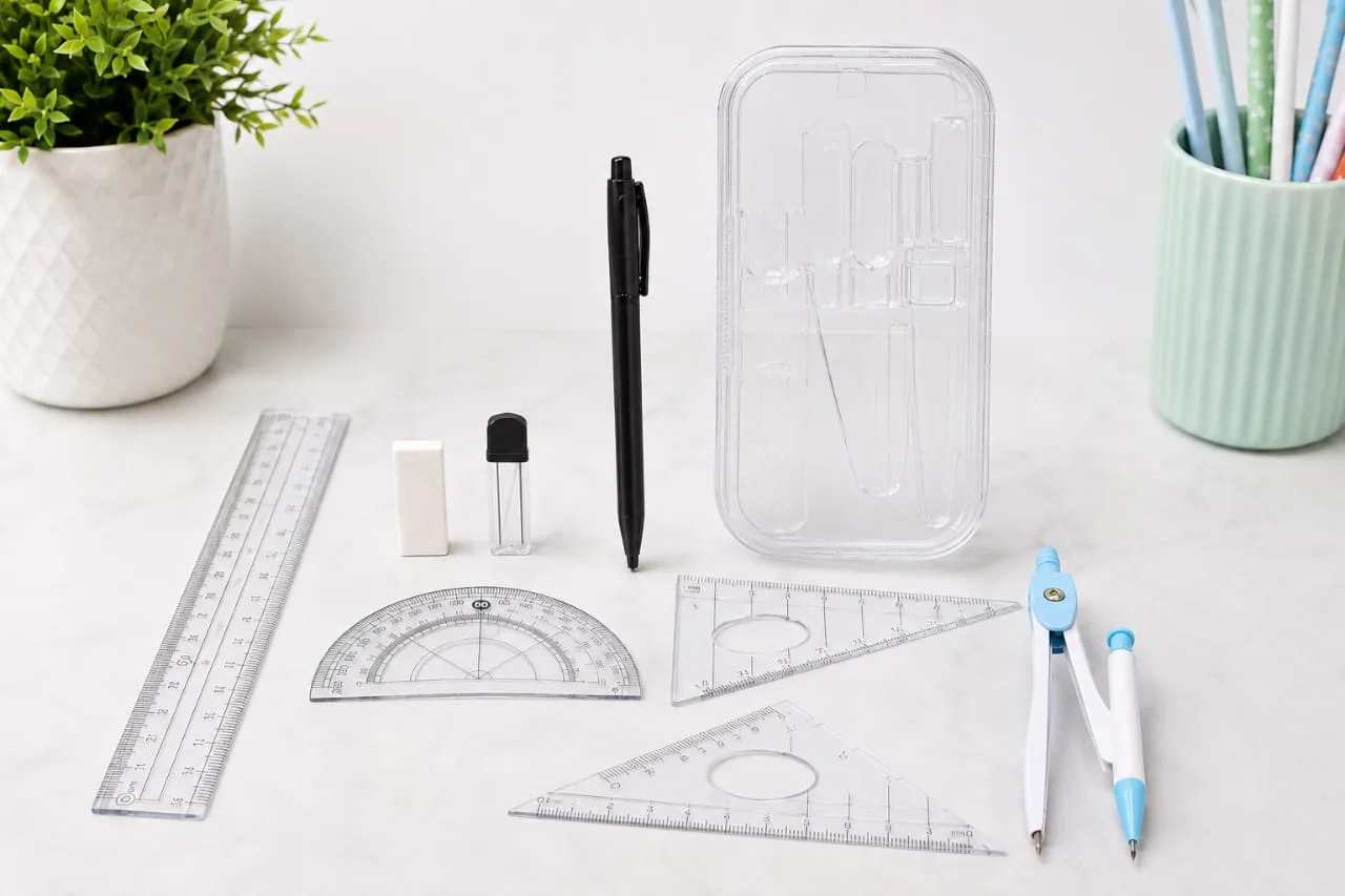 8-Piece Student Geometry Set in a Transparent Case – Ruler, Protractor, Set Squares, Compass, Pencil, and Eraser. - Image 3