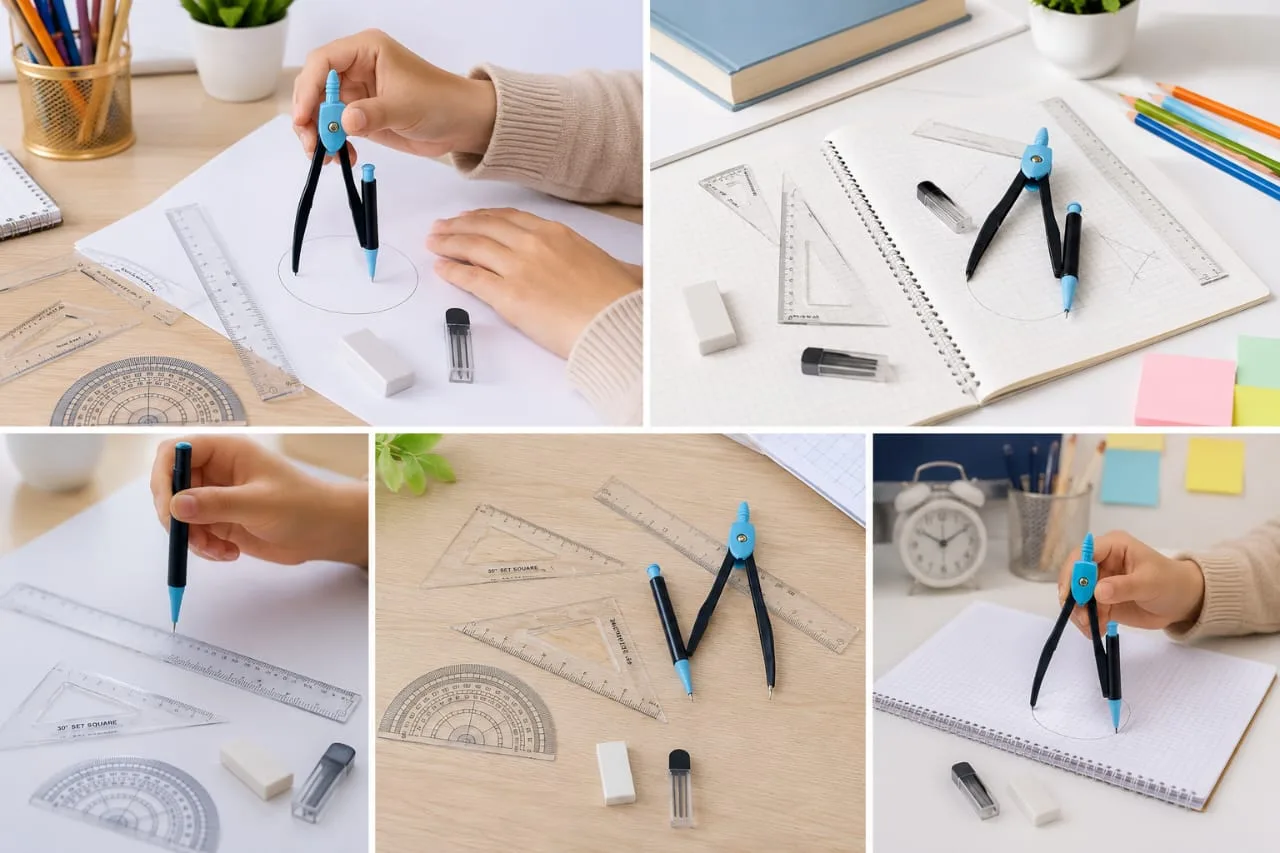 7-Piece Geometry Tool Set for Students – Compass, Ruler, Protractor, Squares, and Accessories for Drawing and Measuring - Image 3