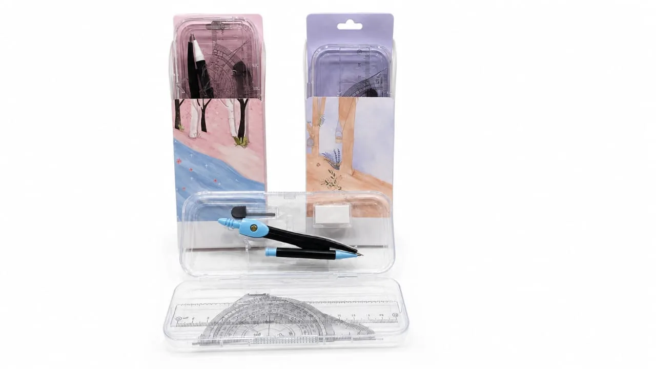 7-Piece Geometry Tool Set for Students – Compass, Ruler, Protractor, Squares, and Accessories for Drawing and Measuring - Image 1