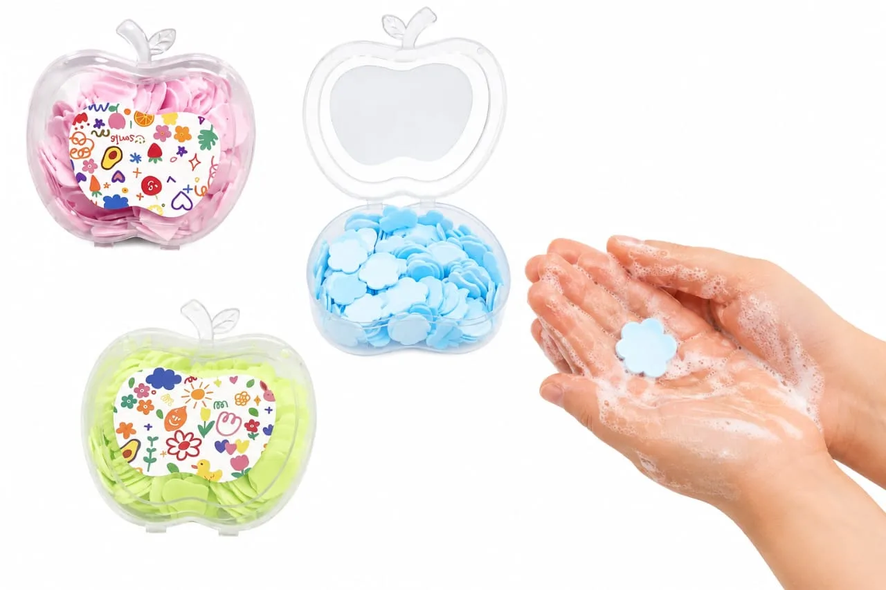 Kids Colorful Multi Shape Paper Soap in Apple Shaped Container - Image 2
