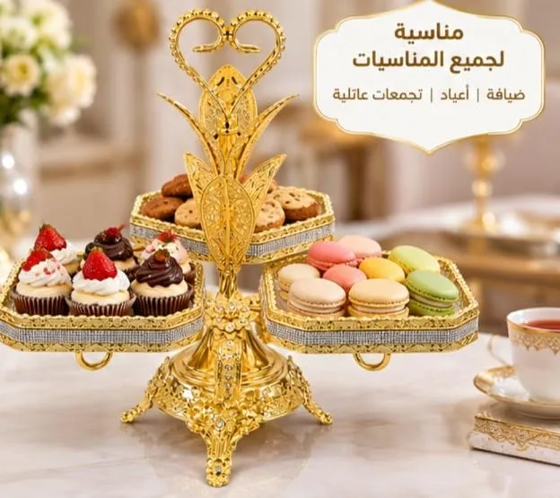 ⁦حامل وشيالة حلويات ثلاثي فاخر باللون الذهبي والكريستال مع مقبض علوي⁩ - الصورة ⁦4⁩