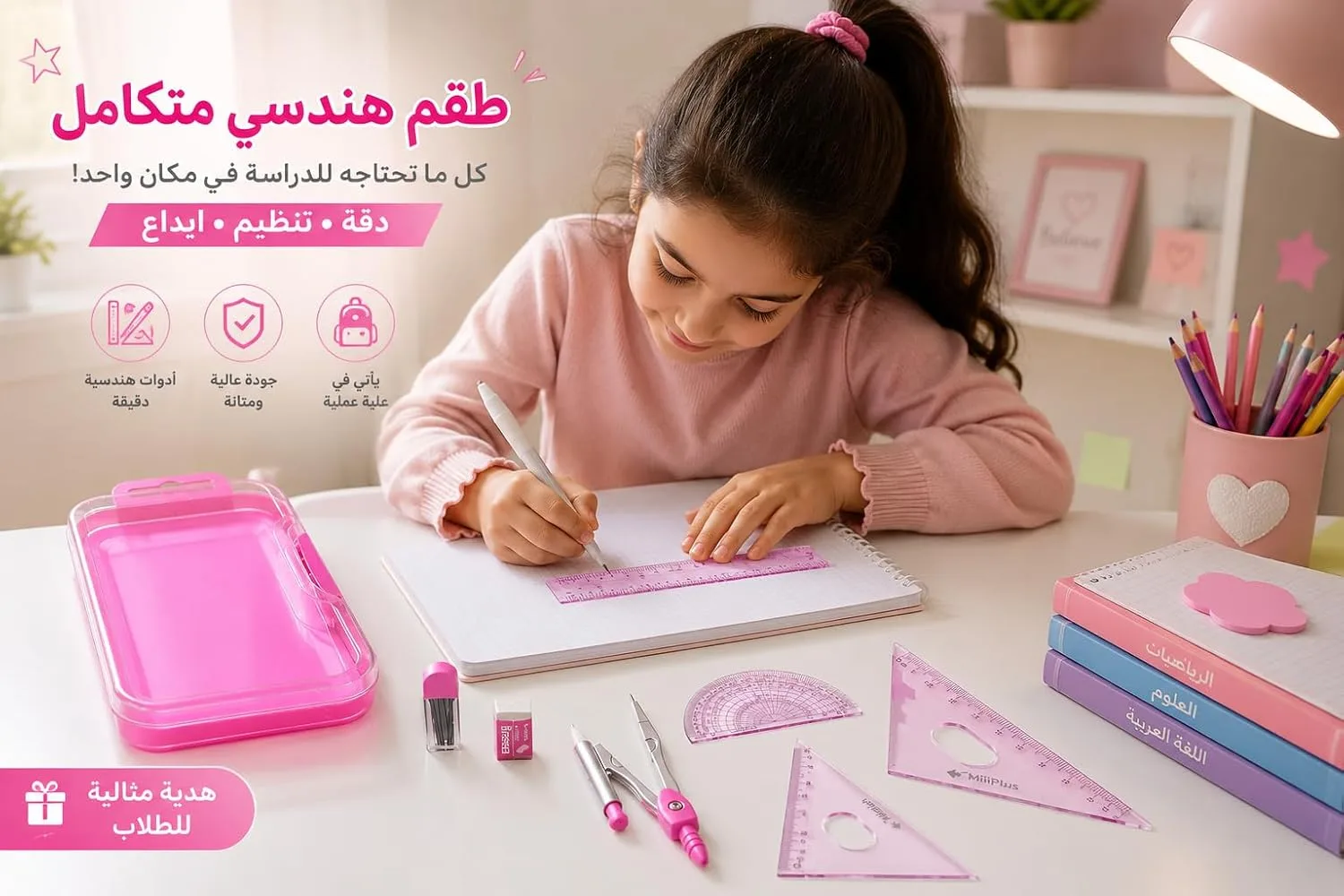 ⁦طقم أدوات هندسية مدرسي متكامل 9 قطع مع مقلمة - متعدد الألوان⁩ - الصورة ⁦8⁩